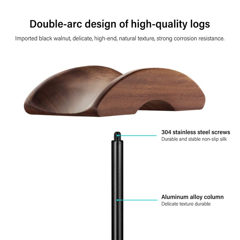 QinCoon Headphone Stand, Walnut Wood & Aluminum Headset Stand, Nature Walnut Gaming Headset Holder with Solid Heavy Base for All Headphone Sizes (Black) - Image 3