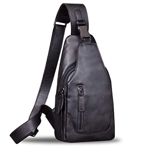 IVTG Genuine Leather Sling Bag for Men Chest Shoulder Crossbody Hiking Backpack Vintage Handmade Daypack (Black) - Image 1