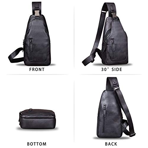 IVTG Genuine Leather Sling Bag for Men Chest Shoulder Crossbody Hiking Backpack Vintage Handmade Daypack (Black) - Image 4