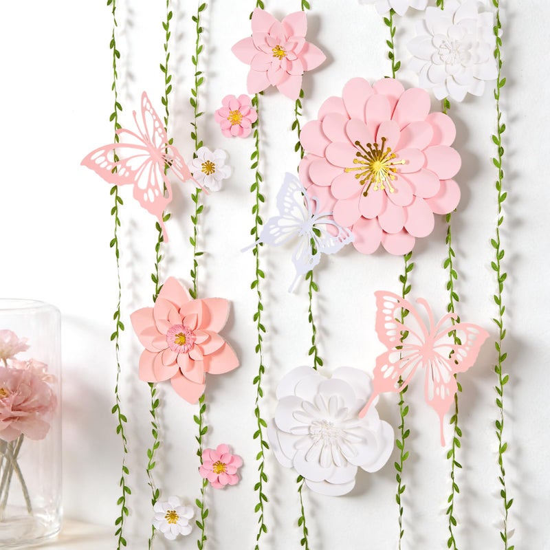 PAPER JAZZ Paper Flowers Wall Decor Gaint Flower Backdrop for Floral Theme Classroom Decoration with Butterfly and Vines Pink and White Wall Art for Bulletin Board Spring Party Garden Party - Image 2