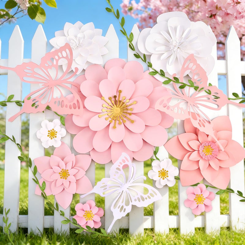PAPER JAZZ Paper Flowers Wall Decor Gaint Flower Backdrop for Floral Theme Classroom Decoration with Butterfly and Vines Pink and White Wall Art for Bulletin Board Spring Party Garden Party - Image 1
