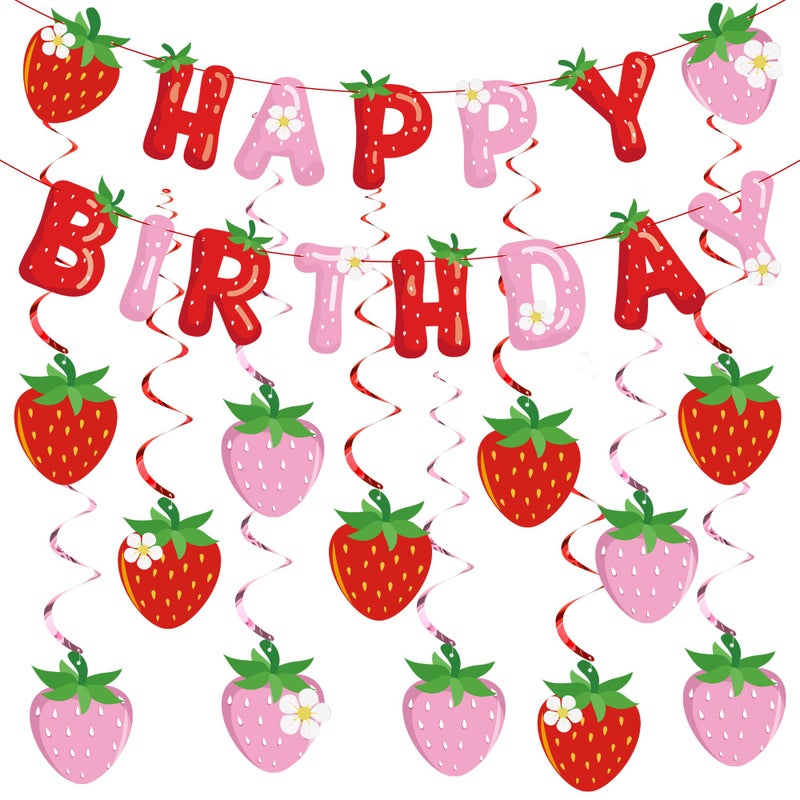 Fairooth 50 PCS Strawberry Happy Birthday Party Decorations Strawberry Theme Birthday Banner Hanging Swirls Set for Girls Birthdays Party Supplies - Image 1