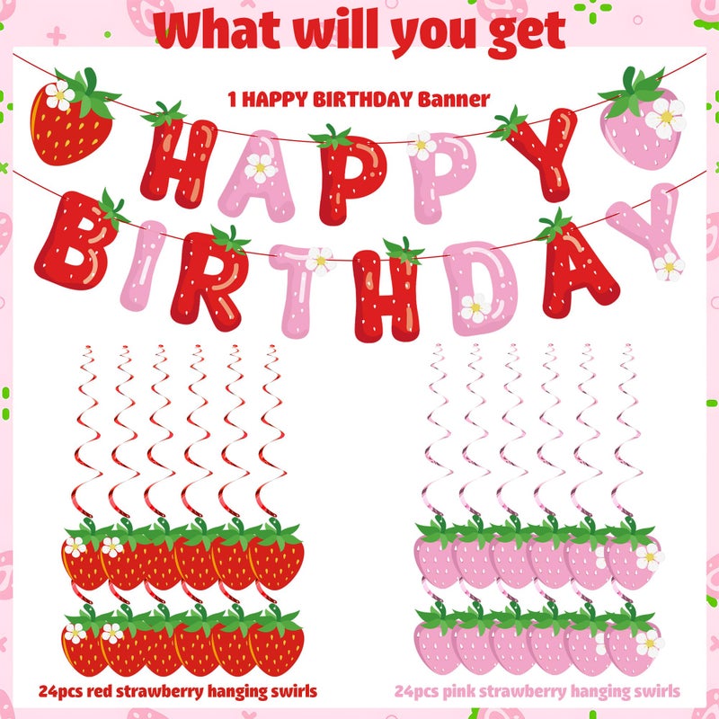 Fairooth 50 PCS Strawberry Happy Birthday Party Decorations Strawberry Theme Birthday Banner Hanging Swirls Set for Girls Birthdays Party Supplies - Image 3