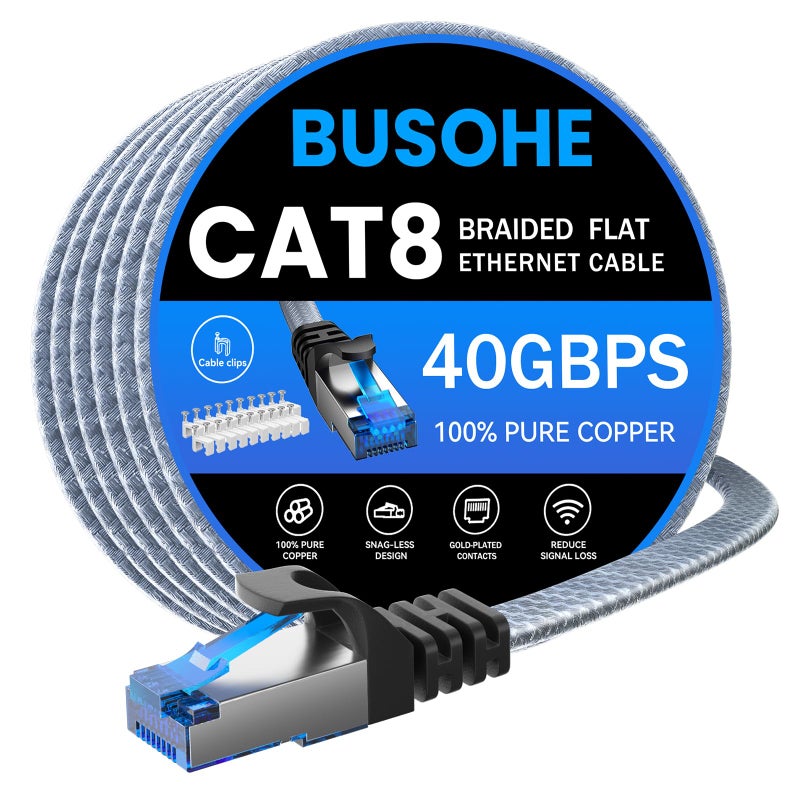 BUSOHE Cat 8 Ethernet Cable 50 ft, Nylon Braided High Speed Heavy Duty Network LAN Patch Cord, 40Gbps 2000Mhz SFTP Shielded RJ45 Flat Internet Cable for TV/PC/Router, in Wall, Indoor, Outdoor - Image 1