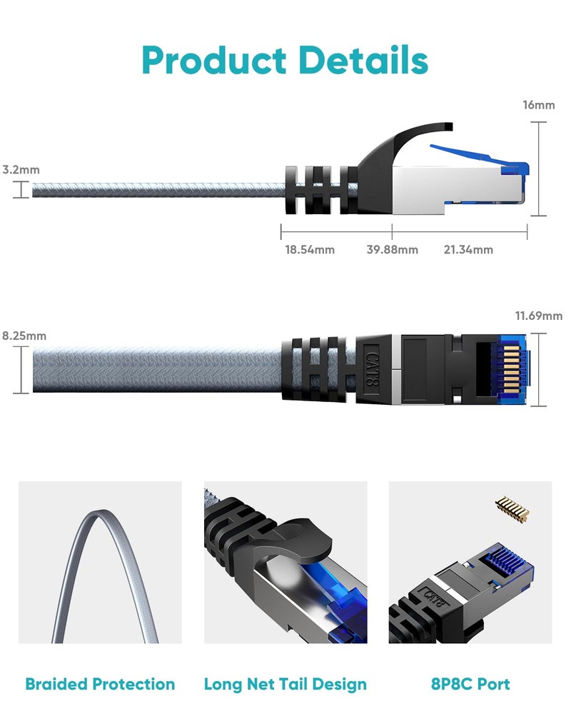 BUSOHE Cat 8 Ethernet Cable 50 ft, Nylon Braided High Speed Heavy Duty Network LAN Patch Cord, 40Gbps 2000Mhz SFTP Shielded RJ45 Flat Internet Cable for TV/PC/Router, in Wall, Indoor, Outdoor - Image 4