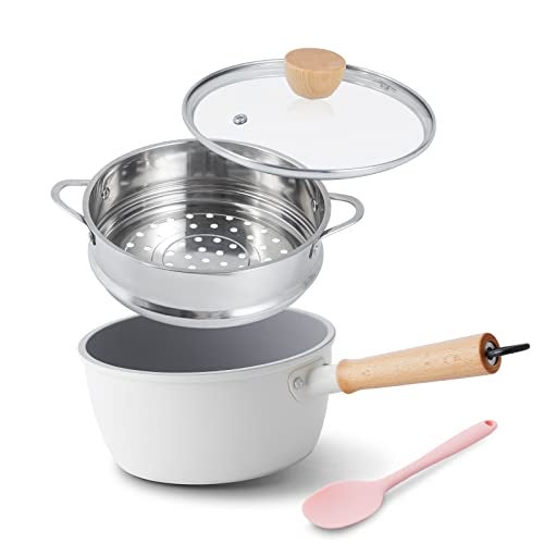 ROCKURWOK Ceramic Nonstick Sauce Pan with Lid, 2 Quart Cooking Pot, Small Saucepan with Steamer, PTFE & PFAS-Free, Wooden Handle for Cool Touch, Universal Base(Gas, Electric & Induction), White - Image 1