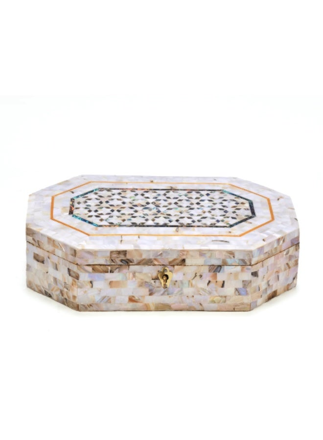 Handmade Large Square Wooden Jewelry & Keepsake Box Fully Inlaid with Natural Mother of Pearl & Iridescent Shell, Ivory White - Size 29x29x9 cm - Image 3