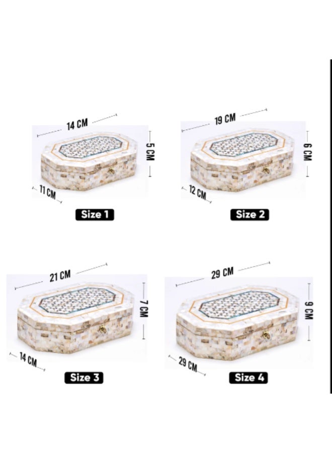 Handmade Large Square Wooden Jewelry & Keepsake Box Fully Inlaid with Natural Mother of Pearl & Iridescent Shell, Ivory White - Size 29x29x9 cm - Image 5