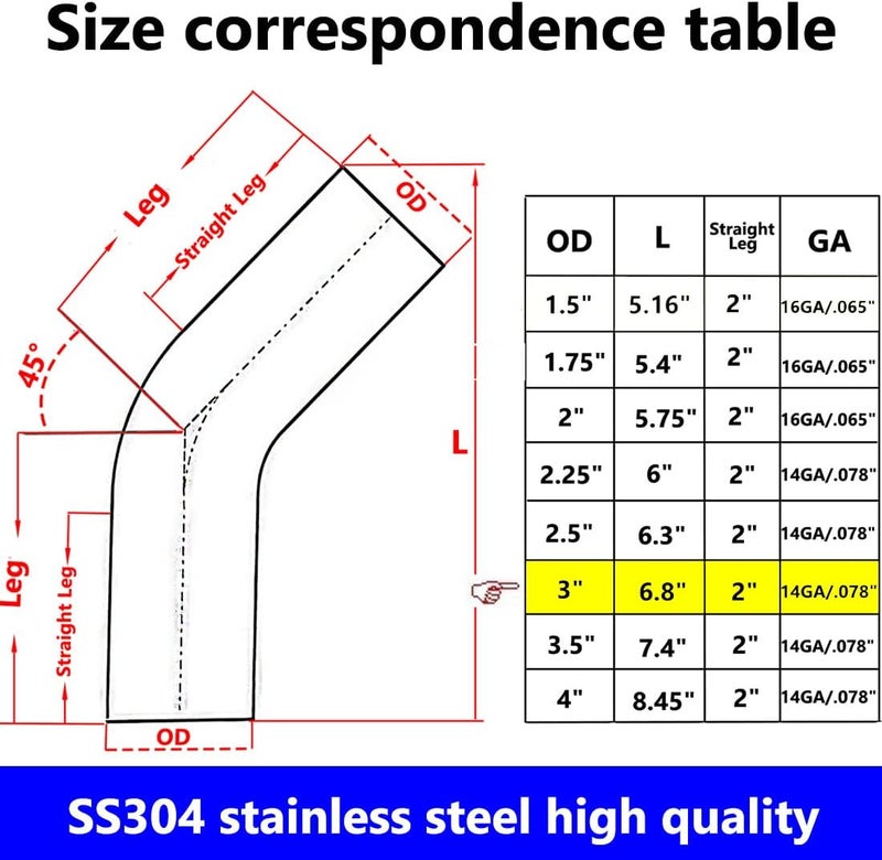KOTVTM 3" Stainless Steel Elbow 45° Mandrel Bend Elbow - 14GA/.078" Wall - SS304 for Exhaust and Pipeline Engineering - Image 3