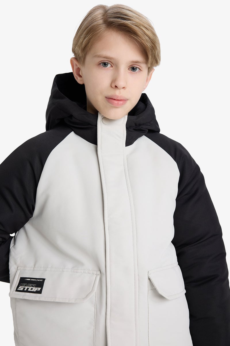 DeFacto Grey Boy Boy Waterproof Hooded Fleece Lined Jacket Casual - Image 4
