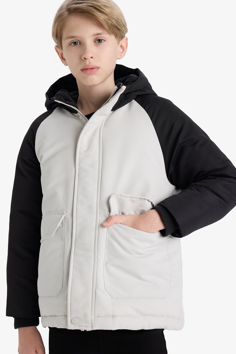 DeFacto Grey Boy Boy Waterproof Hooded Fleece Lined Jacket Casual - Image 1