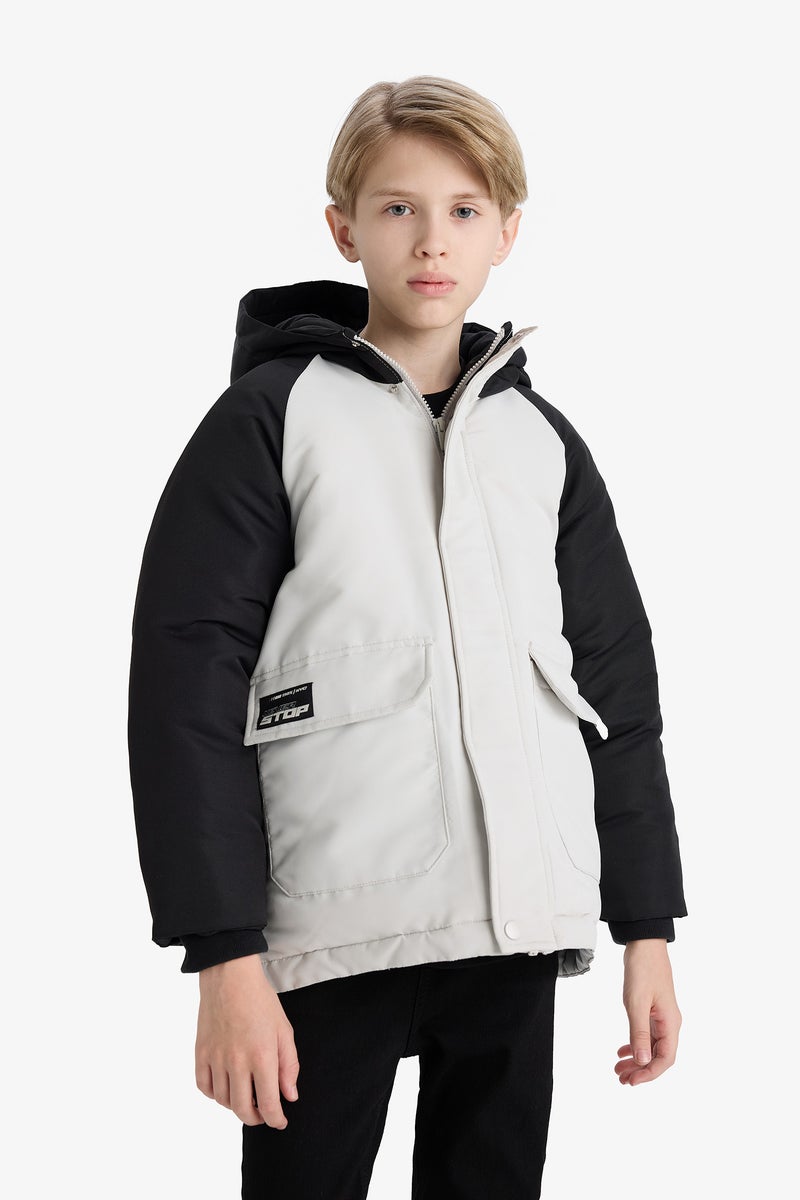 DeFacto Grey Boy Boy Waterproof Hooded Fleece Lined Jacket Casual - Image 3