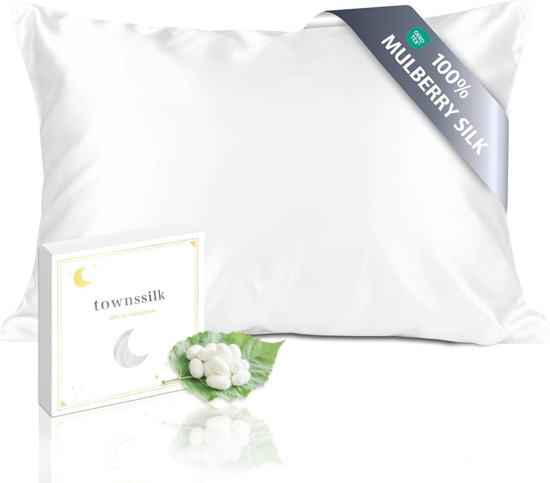 townssilk Both Side 100% 19mm Silk Pillowcase 50x75cm Pillow Case Cushion Cover with Hidden Zipper White - Image 1
