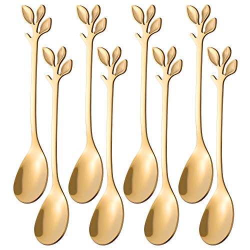 AnSaw 8Pack Elegant Gold Leaf 47 Espresso Spoons  Stainless Steel Perfect for Coffee Demitasse Dessert  Tea Mini Size for Small Servings