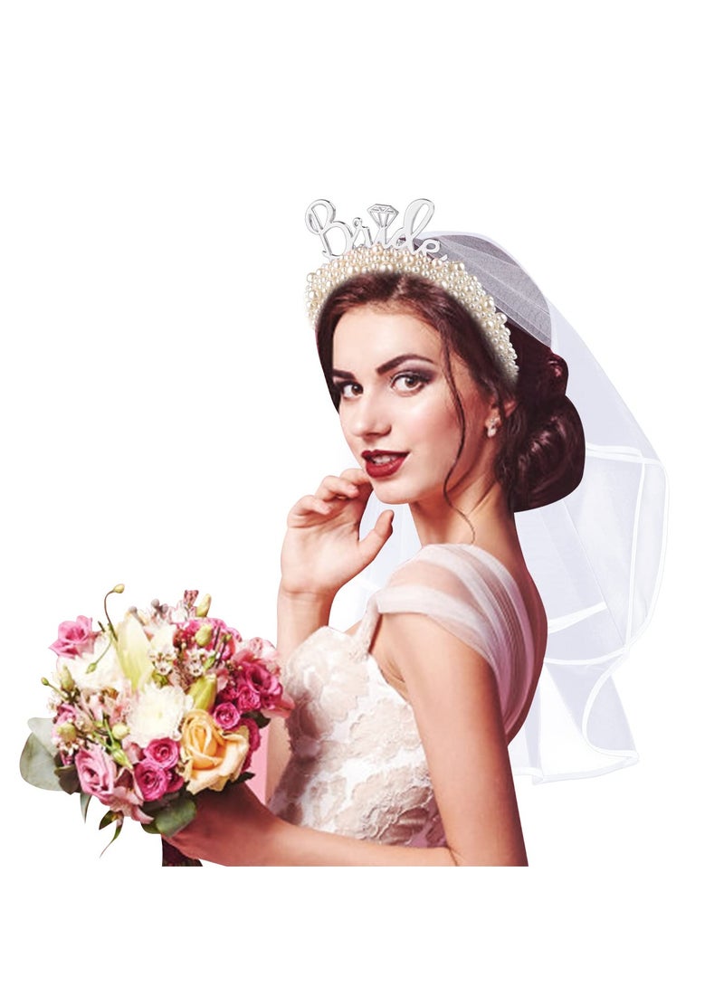 SOLARAE Bride Headband, Bride To Be Headband for Bridal Shower Gift Elegent Pearl Bridal Headband with Veil Bachelorette Party Decorations Bride Accessories (Sliver) - Image 2