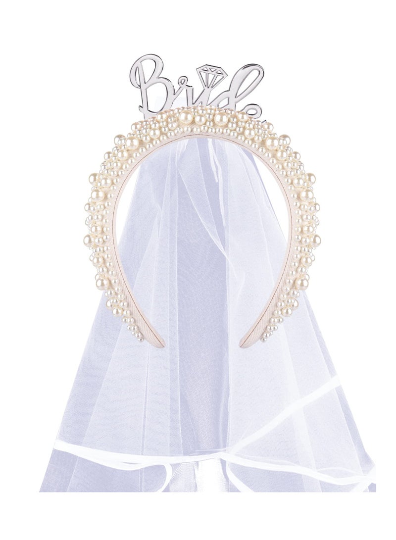 SOLARAE Bride Headband, Bride To Be Headband for Bridal Shower Gift Elegent Pearl Bridal Headband with Veil Bachelorette Party Decorations Bride Accessories (Sliver) - Image 5