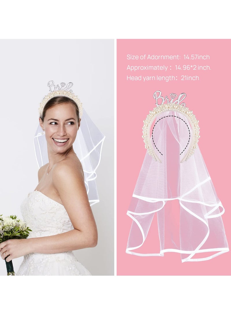 SOLARAE Bride Headband, Bride To Be Headband for Bridal Shower Gift Elegent Pearl Bridal Headband with Veil Bachelorette Party Decorations Bride Accessories (Sliver) - Image 3