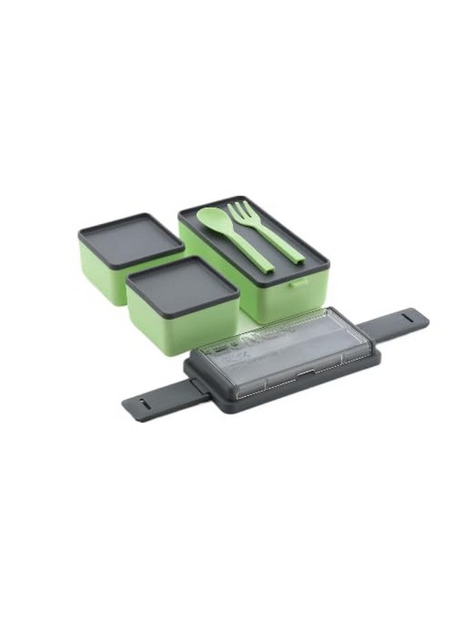 Attro Double Decker Plastic Lunch Box Comes with 3 Detachable Box, 2 Spoons & Stylish Lid BPA Free, Air Tight, Easy to Carry Ideal for Office, School & Oudoor-Pistachio Green - Image 3