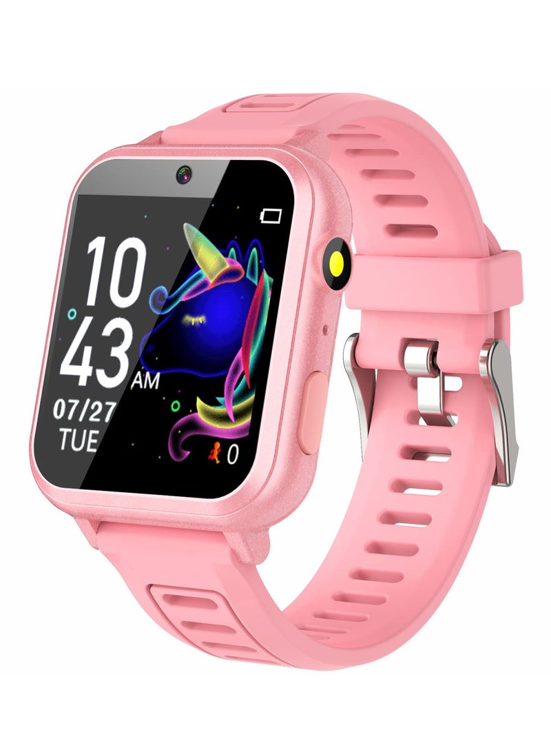 ساعة ذكية للأطفال، ساعة ألعاب ذكية مع 24 لعبة، شاشة تعمل باللمس عالية الدقة، فيديو، كاميرا، مشغل موسيقى، عداد الخطى، مصباح يدوي، ساعة منبه، ساعات أطفال للأولاد والبنات من 5-12 سنة (وردي) - Image 1
