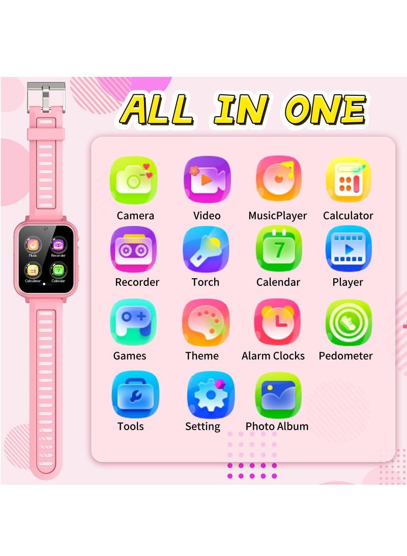 ساعة ذكية للأطفال، ساعة ألعاب ذكية مع 24 لعبة، شاشة تعمل باللمس عالية الدقة، فيديو، كاميرا، مشغل موسيقى، عداد الخطى، مصباح يدوي، ساعة منبه، ساعات أطفال للأولاد والبنات من 5-12 سنة (وردي) - Image 2