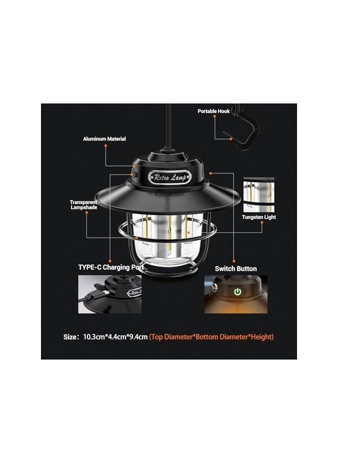 erorex Camping Lantern Hanging Rope Outdoor Type-C Rechargeable Portable Pendant Light with 4 Modes Adjustable Retro Electric Light, Suitable for Outdoor Camping, Hiking, Emergency, and Fishing  - Image 5