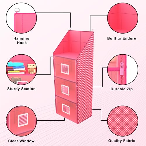 Kuber Industries Hanging Almirah | 4 Compartment Storage | Wall Wardrobe Organizer for Cloth-Shoes-Toys | Pink - Image 4