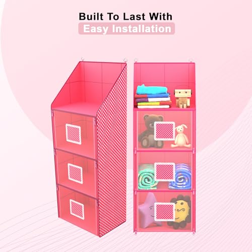 Kuber Industries Hanging Almirah | 4 Compartment Storage | Wall Wardrobe Organizer for Cloth-Shoes-Toys | Pink - Image 5