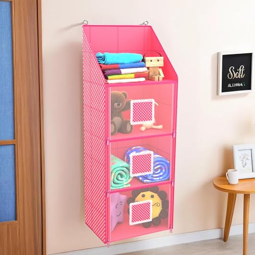 Kuber Industries Hanging Almirah | 4 Compartment Storage | Wall Wardrobe Organizer for Cloth-Shoes-Toys | Pink - Image 2