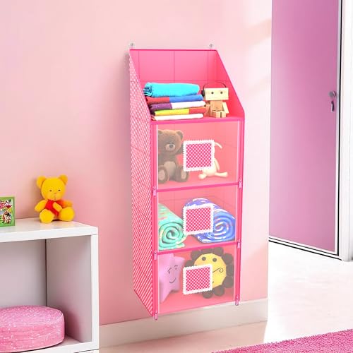 Kuber Industries Hanging Almirah | 4 Compartment Storage | Wall Wardrobe Organizer for Cloth-Shoes-Toys | Pink - Image 1