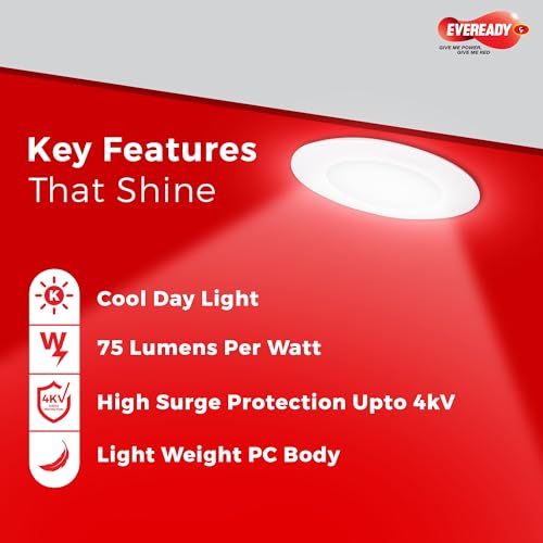 Eveready Aluminium 10W LED Downlight, Round Shape, Cool Day White, 80 Lm/W Efficiency, 4KV Surge Protection, 810 Lumens, 75Mm Cut Size, Lightweight, Integrated Driver, Junction Box Fit, Pack of 6 - Image 3
