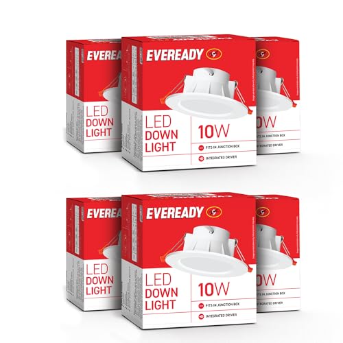 Eveready Aluminium 10W LED Downlight, Round Shape, Cool Day White, 80 Lm/W Efficiency, 4KV Surge Protection, 810 Lumens, 75Mm Cut Size, Lightweight, Integrated Driver, Junction Box Fit, Pack of 6 - Image 1