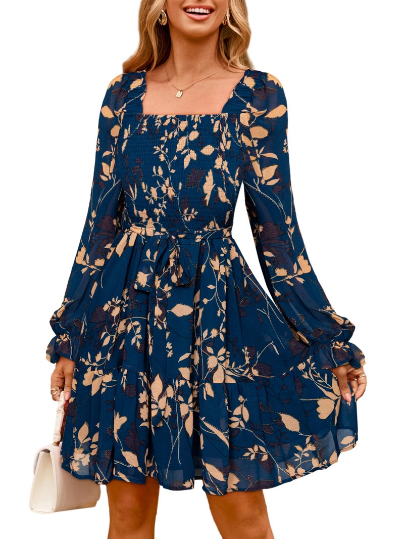 Simplee Womens Floral Long Sleeve Mini Dress Square Neck Smocked Empire Waist Flowy Boho Western Wedding Guest Dresses Blue Green M - Image 1