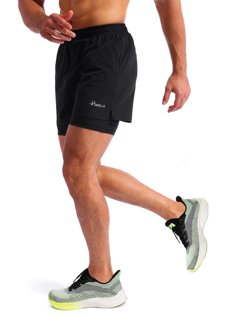 Pudolla Men’s 2 in 1 Running Shorts 5" Quick Dry Gym Athletic Workout Shorts for Men with Phone Pockets(Black Medium) - Image 3