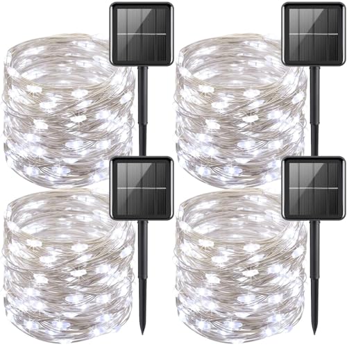 YEGUO 4 Pack White Solar Fairy Lights, Each 33ft 100 LED Christmas Lights Outdoor Waterproof, 8 Modes Sliver Wire Solar String Lights - Image 1