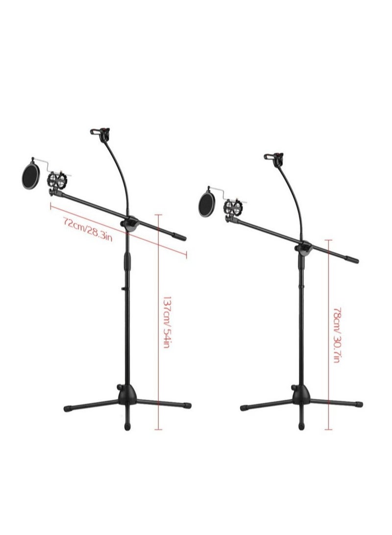 Metal Microphone Floor Stand Tripod Adjustable Height with Boom Arm 3 Mic Holders & 1 Smartphone Holder for Studio Outdoor Cellphone Live Streaming - Image 3