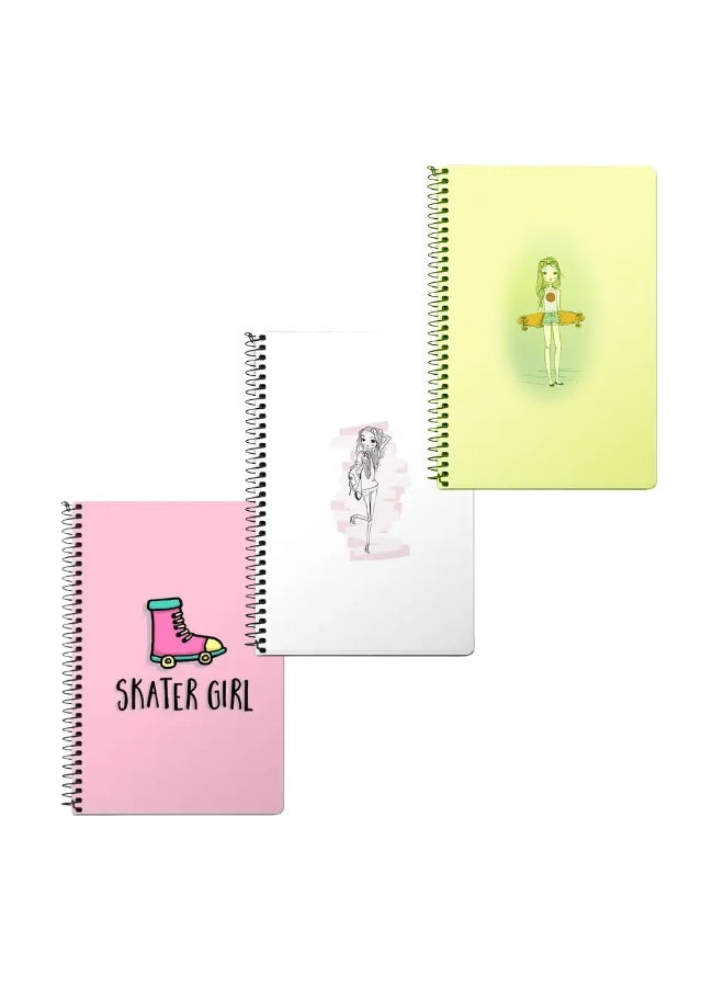Stylizedd (Pack of 3) A5 Spiral Notebook Memo Notepad Journal - Skater Girl Pink, Teen Star, Skater Girl Beige