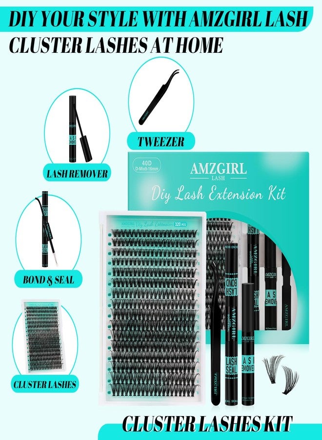 AMZGIRL LASH Lash Clusters Kit 320Pcs,40D Eyelash Extension Kit,Lash Bond and Seal Waterproof,Lash Remover for Individual Cluster Lashes Kit,Lash Applicator Tool for DIY Lash Extension Kit(D-Mix9-16mm Kit) - Image 2