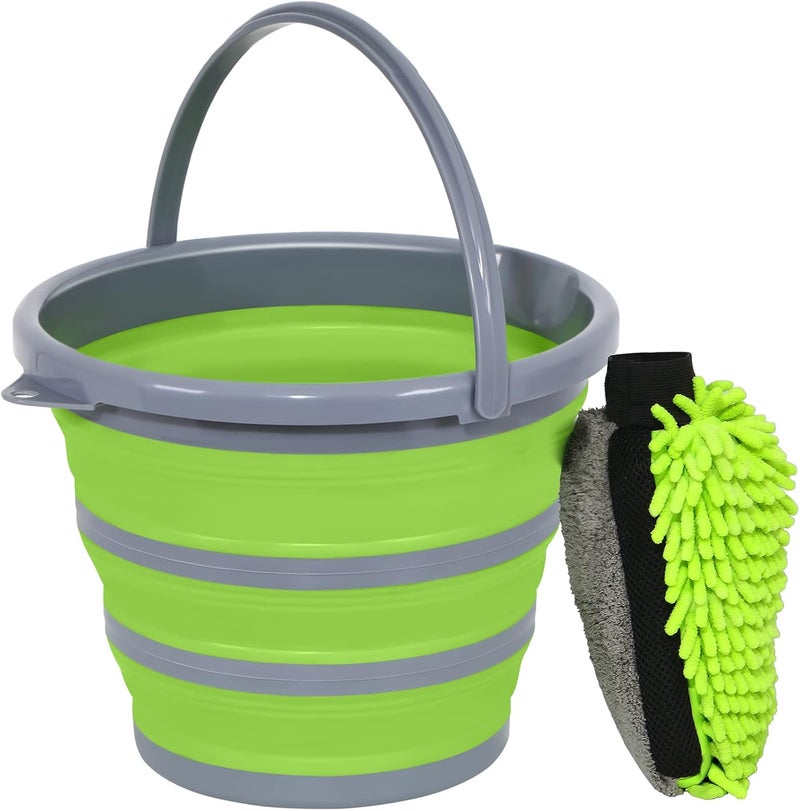 GreatCool Collapsible Bucket with 3-in-1 Car Wash Mitt, Coral Velvet + Weave + Chenille Microfiber Glove Sponge, 10L (2.6 Gallon) Portable Folding Basin Pail for Household Cleaning - Image 1