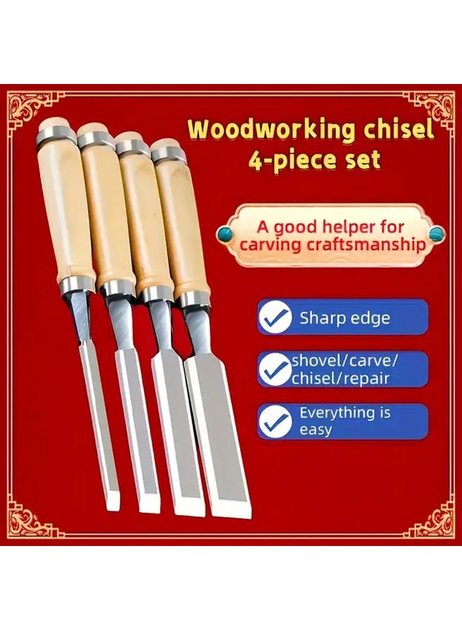 4pcs Professional Woodworking Chisel Set With Flat Slant Round Blades Mix Colors - Image 1