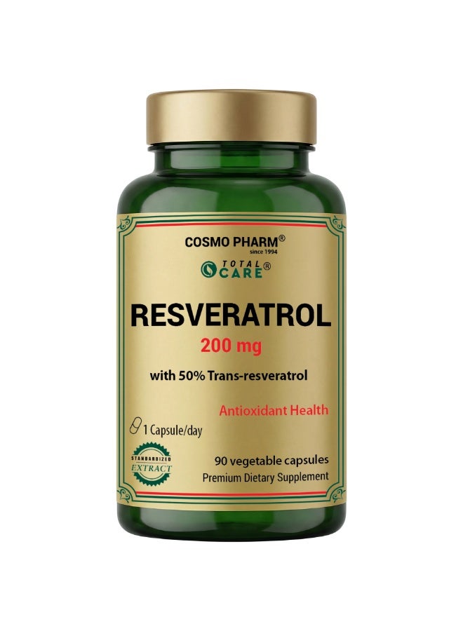 Cosmo Pharm Resveratrol 200mg with 50% Trans-Resveratrol | Antioxidant Support | 90 Vegetable Capsules - Image 1