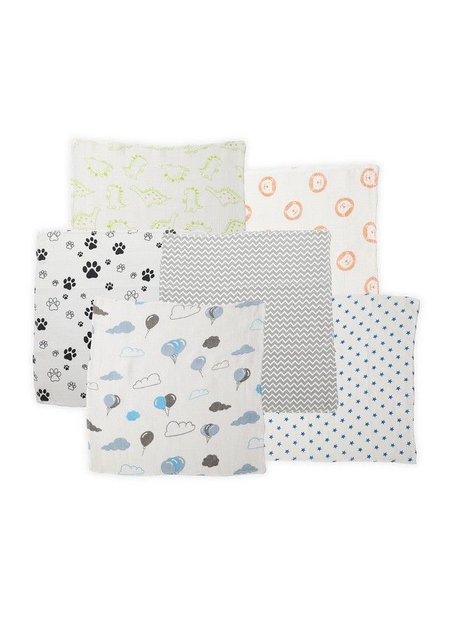 Luvlap Muslin Cotton Cloth Premium Baby Washcloth For New Born Washable Reusable Absorbent Extra Soft Face Towels;Washcloth For Babies Stars Balloons Print Pack Of 6 Pcs Multicolour - Image 5