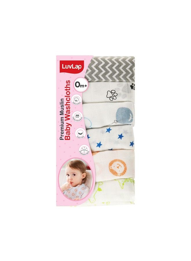 Luvlap Muslin Cotton Cloth Premium Baby Washcloth For New Born Washable Reusable Absorbent Extra Soft Face Towels;Washcloth For Babies Stars Balloons Print Pack Of 6 Pcs Multicolour - Image 1