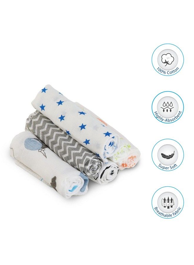 Luvlap Muslin Cotton Cloth Premium Baby Washcloth For New Born Washable Reusable Absorbent Extra Soft Face Towels;Washcloth For Babies Stars Balloons Print Pack Of 6 Pcs Multicolour - Image 3