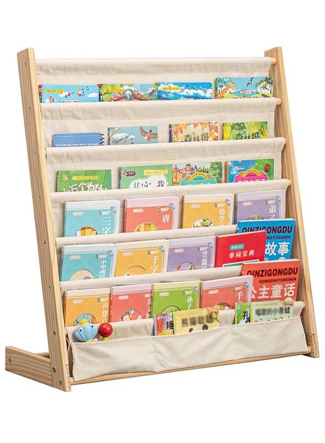 7 Tier Wooden Kids Bookshelf Book Holder Natural Wood Book Rack Storage Bookshelf for Kids Room Study Room Play Room Toy Storage Organizer