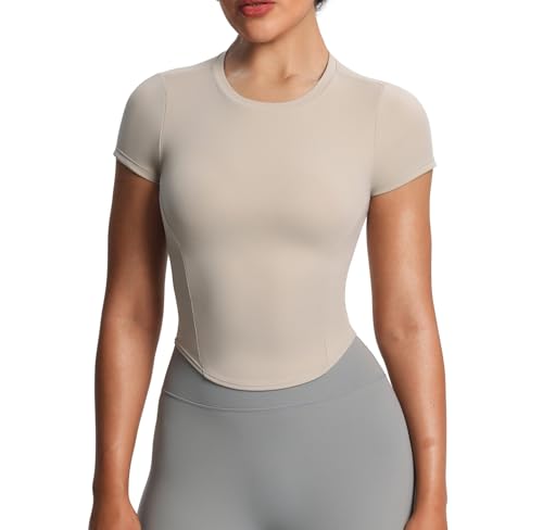 Aoxjox Womens Short Sleeve TShirts GEO Baby Tee Workout Gym Yoga Crop Top Without Builtin Bra Mink Medium - Image 1