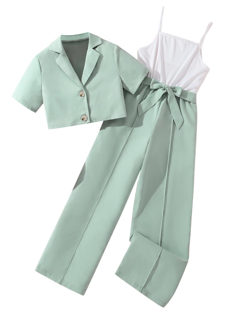 Hilinker Girl's 2 Piece Outfits Short Sleeve Blazer Belted Wide Leg Sleeveless Jumpsuit Sets Green White 7-8 Year - Image 1