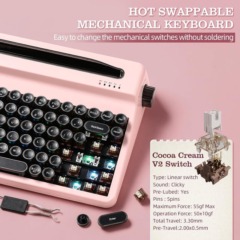 QL75 Wireless Typewriter Hot Swap Retro Mechanical Keyboard, Punk Round Keycaps, RGB Backlit QMK/VIA Programmable, Multi-Device Keyboard with 2.4GHz/Type-C/BT5.0 (Pink, Cocoa Cream V2 Switch) - Image 4