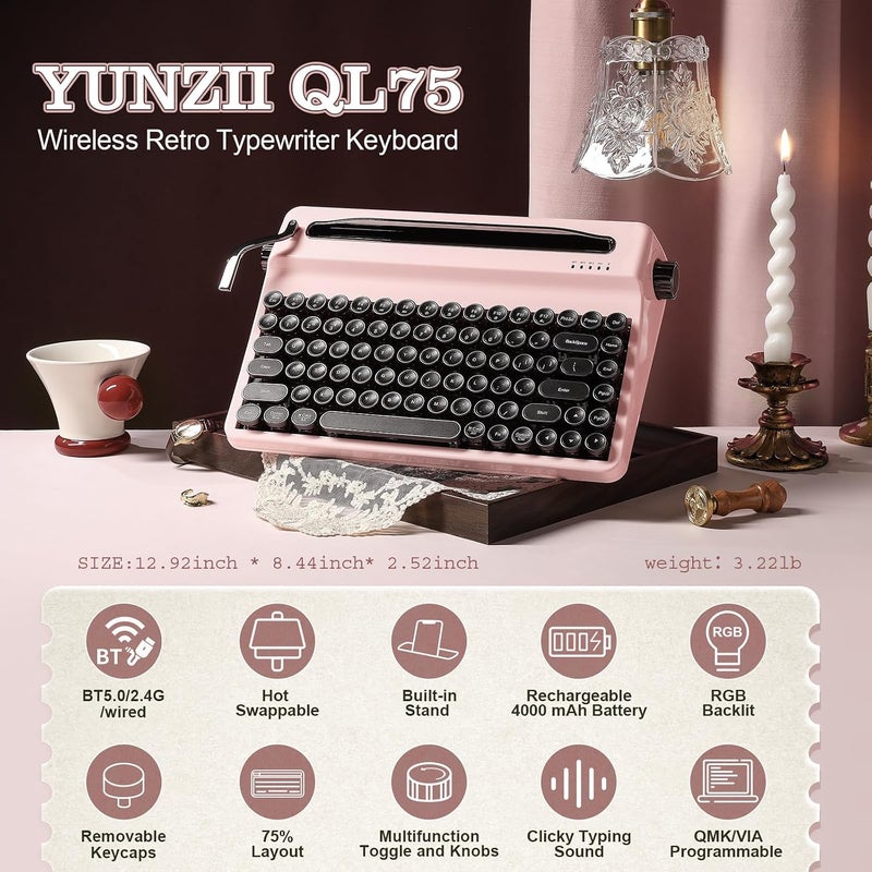 QL75 Wireless Typewriter Hot Swap Retro Mechanical Keyboard, Punk Round Keycaps, RGB Backlit QMK/VIA Programmable, Multi-Device Keyboard with 2.4GHz/Type-C/BT5.0 (Pink, Cocoa Cream V2 Switch) - Image 2