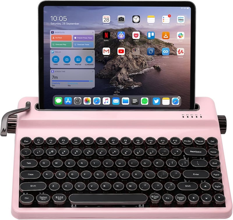 QL75 Wireless Typewriter Hot Swap Retro Mechanical Keyboard, Punk Round Keycaps, RGB Backlit QMK/VIA Programmable, Multi-Device Keyboard with 2.4GHz/Type-C/BT5.0 (Pink, Cocoa Cream V2 Switch) - Image 1