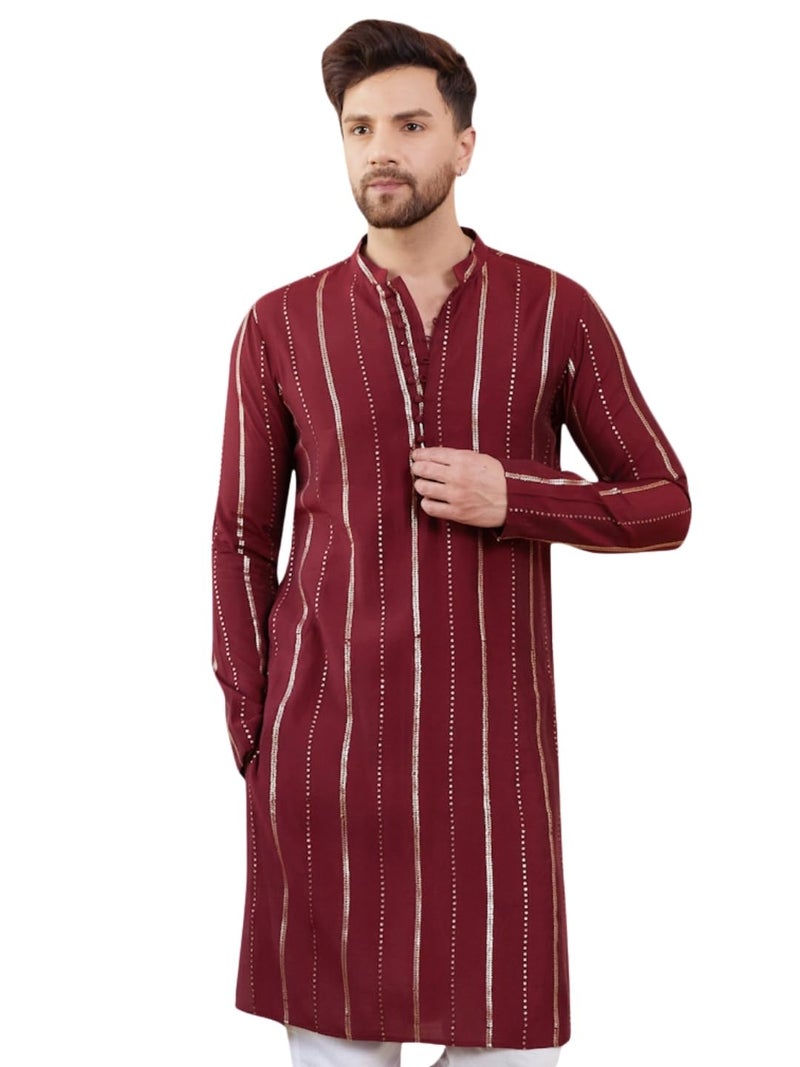 See Designs Men Full Sleeve Side Slit Burgundy and Gold Chanderi Silk Sequins Mandarin Collar Kurta - SD2KT_2433XXL - Image 1